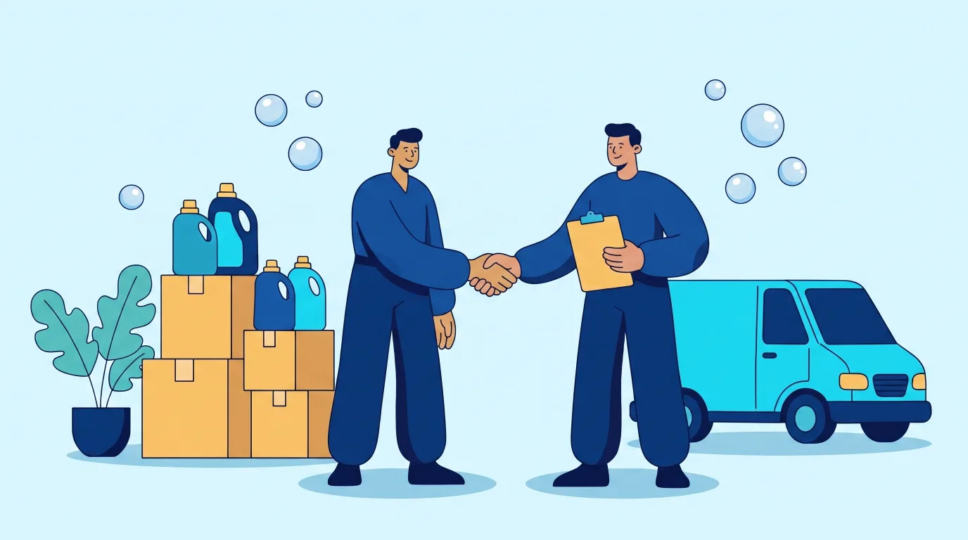 Stretta di mano tra un responsabile e un nuovo rivenditore, con scatole di detergenti e furgone delle consegne